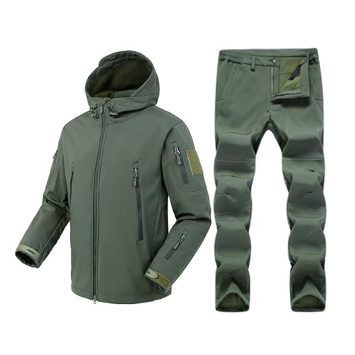 Generisch Fishing Suit Men's Winter Thick Camping Clothing Tactical Training Waterproof Set Hood Tactical Jacket and Trousers Suits for Outdoor Fishing Hiking Padded Tactical Suit, Green, XXL