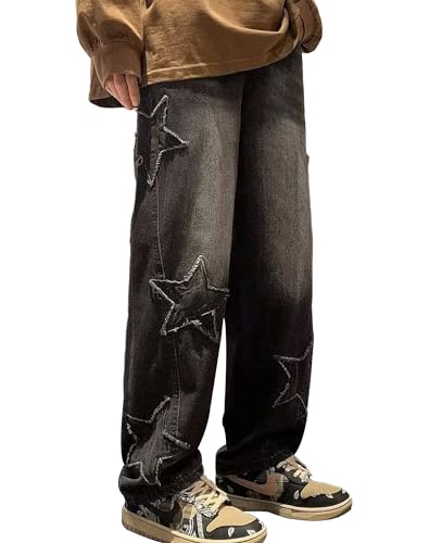 Womens Baggy Jeans High Waisted Star Torn Patch Teen Girls Y2k Grunge Street Straight Leg Denim