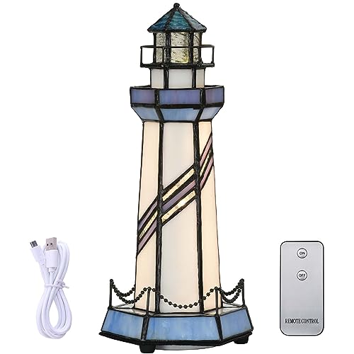 Bieye L10776 - Lámpara de mesa decorativa de cristal de colores estilo Tiffany para decoración del hogar (5 x 5 x 11 pulgadas, azul)