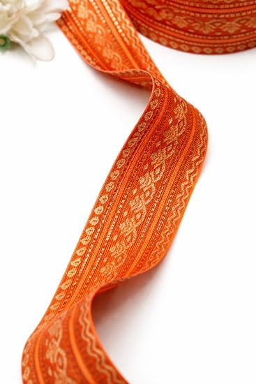 Image of Banarasi Silk Border Lace for Saree, Dupatta, Lehenga, Suit, Blouse & Home Furnishing, Crafting DIY (Saffron Gold, 9 Meters x 2 Inch)