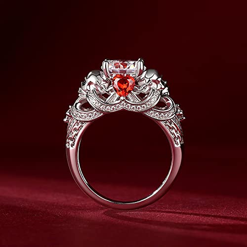 Image of Jeulia 2.55ct Skull Engagement Ring Sets Sterling Silver Heart Cut Red Diamond Ruby Rings Cubic Zirconia Wedding Promise Anniversary Romantic Jewelry for Women Grils Bridal with Gift Box