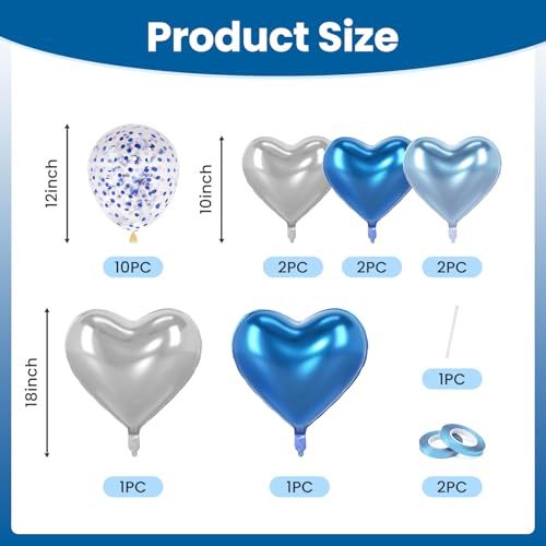 Image of Blue and Silver Heart Balloons Party Decoration, Heart Shaped Foil and Latex Balloon Ocean Decorations Set for Boys Men Happy Birthday Party, Graduation, Baby Shower, Valentines, Wedding, Anniversary