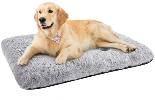 Baodan Large Dog Bed Super Soft - Washable Dog Cat Bed Fluffy for Crate, 90x65 cm Dog Crate Mattress Durable with Anti-Slip Bottom, Grey