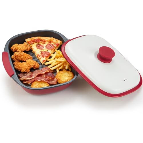 Mico Dingker Microwave Grill Pan with Lid Multi-Use Griddle & Crisper Tray for Browning Grilling and Crisping Meat Sandwiches & Vegetables Microwave Safe Cookware for Fast Even Cooking