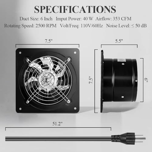 WiseWater 6 Inch Low Noise Exhaust Fan for Kitchen & Bathroom (353 CFM, Variable Speed)