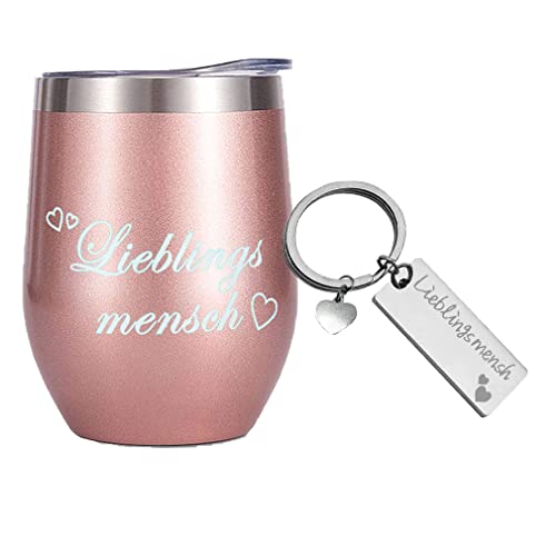 Edelstahl Kaffeebecher / Weinbecher Thermobecher mit Gravur Lieblingsmensch, Geburtstag Geschenk für Frauen, 350ml Roségold Doppelwandig Isolierbecher Reisekaffeetasse mit Schlüsselanhänger Cover