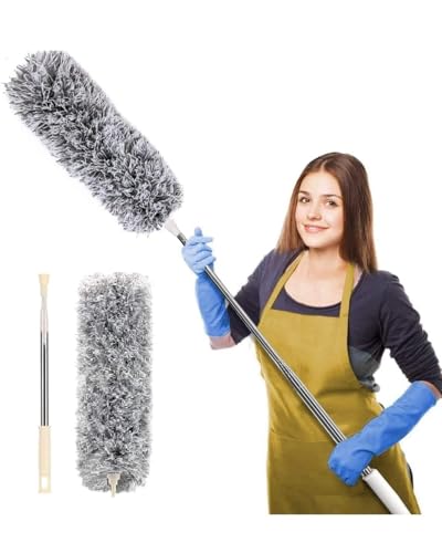 Rorian Microfiber Feather Duster with Extendable Long Pole (100 Inches), Bendable Head for Cleaning High Ceiling Fans, Interior Roof, Cobwebs – Washab