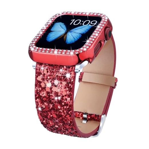 Bling Bands Compatible with Apple Watch Band + Case 38mm 40mm 41mm 42mm 44mm 45mm 49mm Ultra 2/1, Glitter Leather Strap with Bling Diamond Protector Cover For iWatch Series 9 8 SE 7 6 5 4 3 2 1 (44mm,