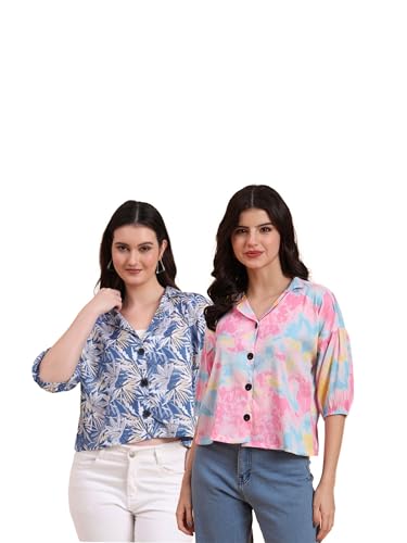 Image of Women's Cotton Blend Printed Combo (Pack of 2) Shirts - 3 /4 Sleeves V Collar Neck (COMBO1744)