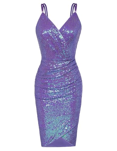 Image of GRACE KARIN Women's Sexy Sequin Sparkly Glitter Ruched Party Club Dress Spaghetti Straps Wrap V-Neck Bodycon Dress