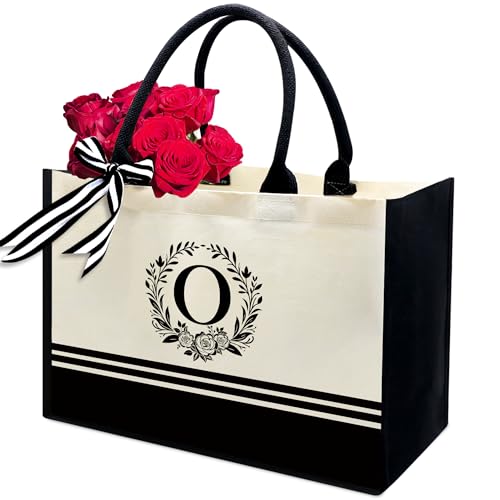 Image of Personalized Initial Canvas Tote Bags, Monogrammed Tote Bag Gifts for Women Teacher Friend for Birthday Wedding