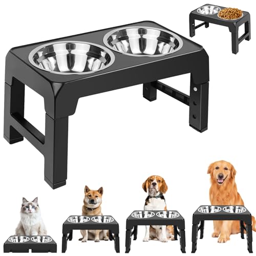 Raised Dog Bowl Elevated Dog Food Water Bowls Protecting Spine with 4 Adjustable Height 2x1200ml Stainless Steel Bowls Non-Slip and No Spill for Small Medium Large Dogs (44cmx24cmx8/22/26/30cm)
