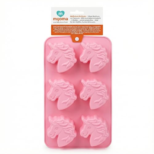 MIJOMA Muffinform für Kinder – Silikon Backform mit Tiermotiv – BPA-frei & lebensmittelecht – 6 Mulden – wiederverwendbar – ideal für Mini Muffins, Kuchen & Desserts (Einhorn rosa)