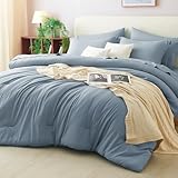 CozyLux Queen Comforter Set - Grayish Blue, 7-Piece Bed in a Bag Bedding Set with Comforter, Fitted Sheets, Pillow Shams and Pillowcases - All Season Boho Style
