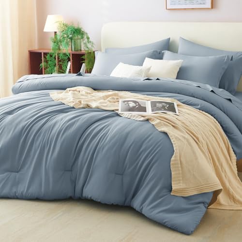CozyLux Queen Comforter Set Grayish Blue, 7 Pieces Bed in a Bag Queen Comforter Set with Sheets, Bedding Sets with Down Alternative Comforter, Fitted Sheets, Flat Sheets, Pillow Shams and Pillowcases