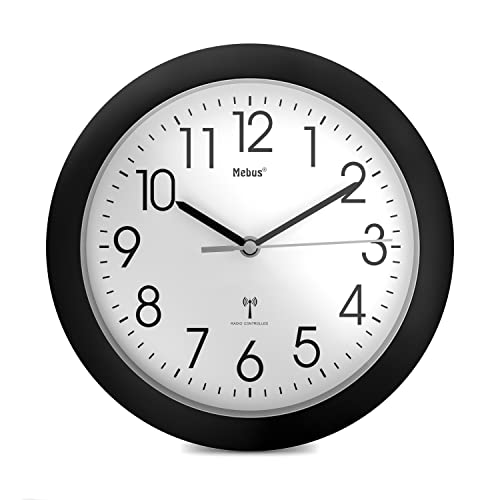 Mebus moderne schwarze Funk-Wanduhr groß Funkuhr Rahmen und 25 cm Durchmesser, Kunststoff Cover