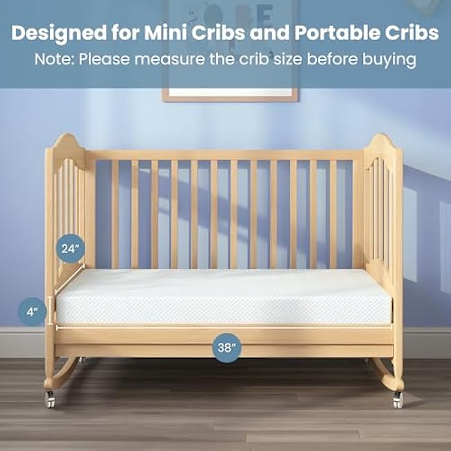 38x24 Mini Crib Mattress, 2-Stage Dual Firmness Baby Mattress for Mini and Portable Cribs, with Cooling Gel Memory Foam, Waterproof & Washable Cover and Non-Slip Base, 4 Inch, White