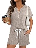 LILLUSORY Womens 2 Piece Summer Short Sets Lounge Outfits Spring Vacation Cruise Travel Resort Beach Loungewear Cute Pajamas Khaki L