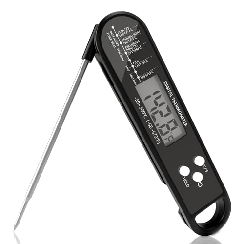 MEGAROOM Fleischthermometer Digital - Bratenthermometer mit 3s Sofortlesen, ±0.5°C Präzision, LCD-Backlight, Lebensmittelechte 304 Edelstahl-Sonde für Grill, BBQ, Backofen, Küche, Flüssigkeit, Schwarz