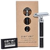 5 CUCHILLAS PARKER PLATINUM INCLUIDAS: La Parker 71R viene con 5 cuchillas Parker Premium Platinum para un afeitado suave. Estas cuchillas son utilizadas por maestros barberos y salones de afeitado en todo el mundo. Esta maquinilla de afeitar de latón galvanizado negro es compatible con todas las marcas estándar de hojas de afeitar de seguridad de doble filo, incluidas Parker, Astra, Feather, etc.