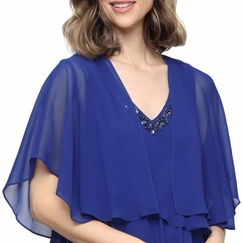 Image of S.L. Fashions Women's Chiffon Tiered Jacket Dress with Beaded Neckline Mother of the Bride, Cocktail, Or Wedding Guest Dress