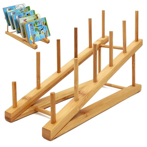 YANYUJIEY 2 Pcs Book Display Shelf,5-Tier Bamboo Book Display Shelf for Tabletop,Display Stand for Children's Books,Magazine, Artworks,Plate