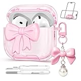 Joremx for Airpods 4 Case Pink 2024 with Safety Lock & Phone Stand, 3D Bow Clear iPod 4 Cases with Cute Keychain & Cleaning Kit, Soft TPU Cover for AirPods 4th Generation Case Girls Women