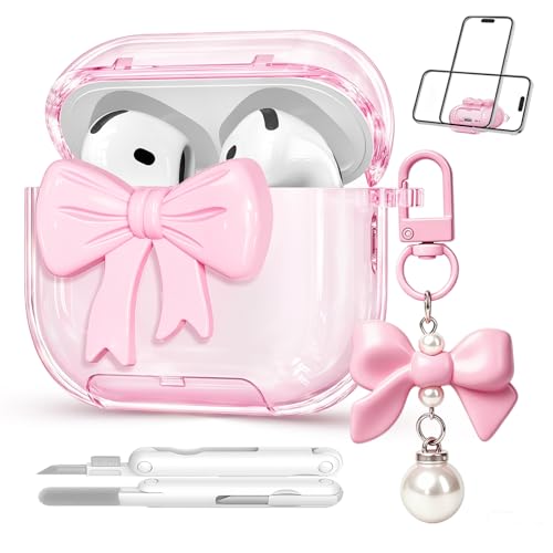 Joremx for Airpods 4 Case Pink 2024 with Safety Lock & Phone Stand, 3D Bow Clear iPod 4 Cases with Cute Keychain & Cleaning Kit, Soft TPU Cover for AirPods 4th Generation Case Girls Women by joremx - Used condition - US$10.03