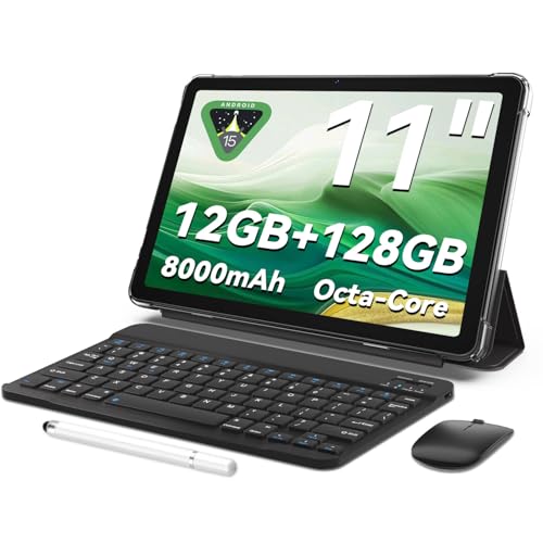 Image of Tablet 11 inch Android 15 Tablets | Octa-core | 12GB RAM+128GB ROM | 8000mAh Tablet with Keyboard | Mouse | Case | Dual Band WiFi | BT 5.0 | GPS | 13 MP Dual Camera (Blue with Keyboard) (Black)