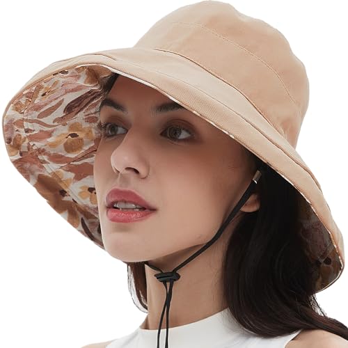 100% Cotton Women Sun Hats Wide Brim Gardening Bucket Hat Travel Sun Protection Packable Womens Beach Hat -Fold-UP Brim