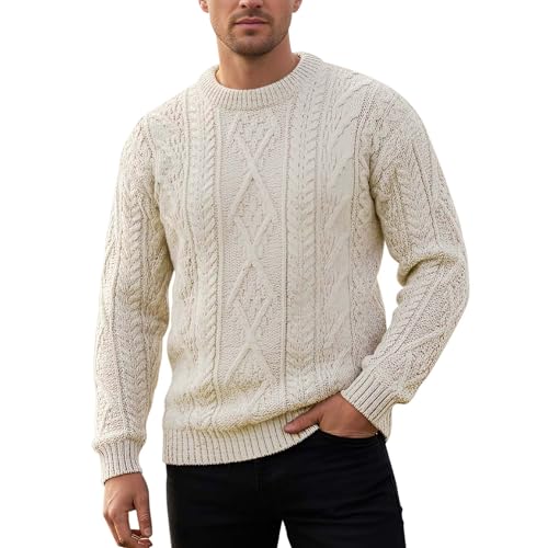 100% Pure British Wool Jumper for Men - Cable Knit, Crew Neck Arran Jumper - Heavy Knit Pullover - Round Neck Winter Sweater