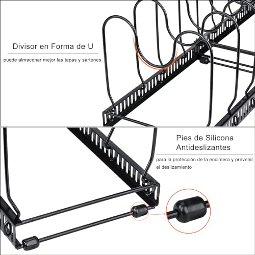 Miniatura 4 de Toplife Organizador De Sartenes Y Ollas, Soporte Sartenes De Tamaño Ajustable, Estante De Sartenes Con 10 Compartimientos Para Almacenar Tapas De Ollas, Platos - Negro