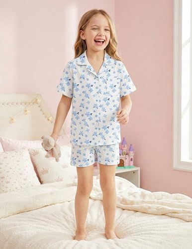 Image of Arshiner Girls Pajamas Sets Short Sleeve Kids Pjs Button Down Sleepwear | Cute Printed Pajamas for Little & Big Girl, Lightweight Comfy Fabric, 2-Piece Outfits, Perfect for Lounge Pajamas Party