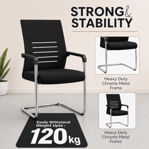 Image of OfficeElite | Ergonomic Office Chair for Home & Office | Breathable Fabric Back, Soft Cushion Seat | Heavy Duty Chrome Sled Base (120 kg Capacity, Black, Pack of 2)