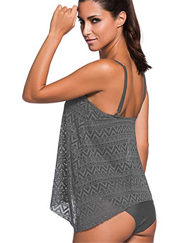 Qianmome Womens Layered Lace Mesh Swimsuit Solid Ruched Tankini Bathing Suit4