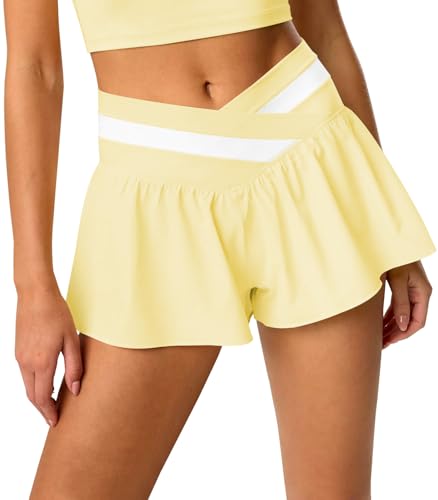 Womens Athletic Workout Shorts Flowy Butterfly Elastic Crossover High Waisted 2 in 1 Running Shorts Pockets for Women