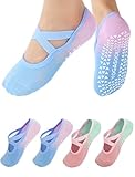 LemonGirl Womens Non-Slip Yoga Socks US 5-8 with Grips 2 Pairs Gradient Color for Pilates Barre