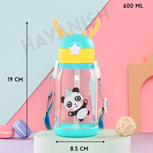 Image of Antlers Water Bottle for Kids 600ml BPA Free | Soft Silicone Sipper Transparent Bottle for Boys & Girls | Reusable Leak Proof with Strap for School, Sports, Travel & Outdoor Use - Pack of 2 (Green)