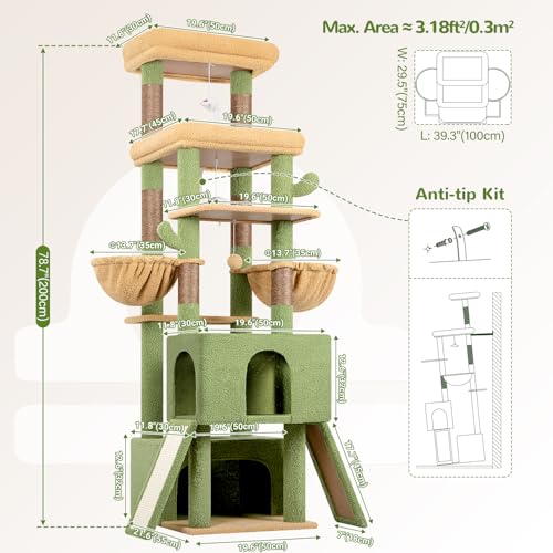 Image of Globlazer Heavy Duty Cat Tree 78 inch Sturdy Cactus Cat Tower for 20lbs Large Adult Cats, Symmetrical Aesthetic Big Cactus Cat Tree with Extra Large Platform, 2 Scratching Boards, Z78, Green