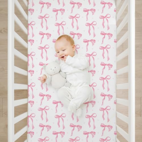 Image of 4 Pack Pink Bow Crib Sheet Set for Girl, Soft Breathable Fitted Pink Crib Sheet 28 x 52 in, Cowgirl Nursery Decor for Standard Crib and Toddler Bed Mattresses