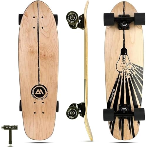 Magneto Cruiser Skateboard - Carving & Cruising Childrens Skateboard - Double Kicktail & Concave Cruiser Board Deck - Kids Long Board for Beginners - 27.5 x 7.5 Light Bulb Maple Wood