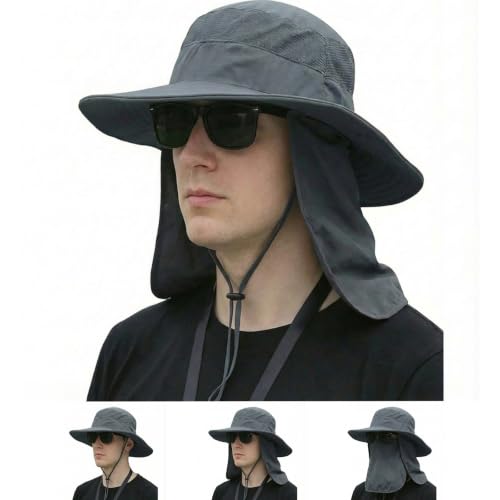 Sun Hat Bucket Hats for Men Women Outdoor Wide Brim Fishing Hat with Detachable Face Cover & Neck Flap UV Protection DeepGrey