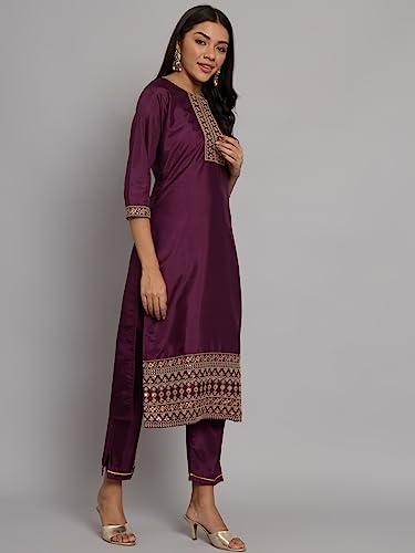 Image of VredeVogel Women's Silk Blend Embroidered Kurta with Pant & Nazneen Dupatta Set