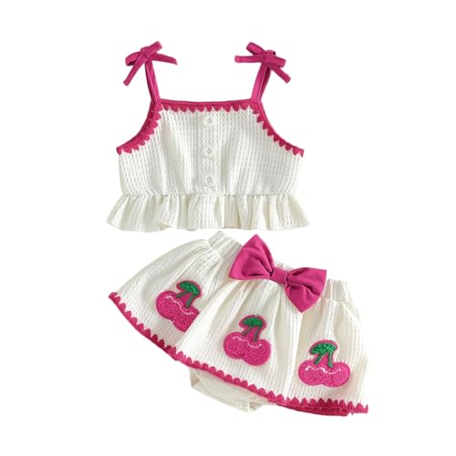 Rarjuiey Toddler Baby Girl Summer Clothes Waffle Knit Ruffle Cami Top + Cherry Applique Dress Romper Cute Summer Outfits 2Pcs (White, 12-18 Months)