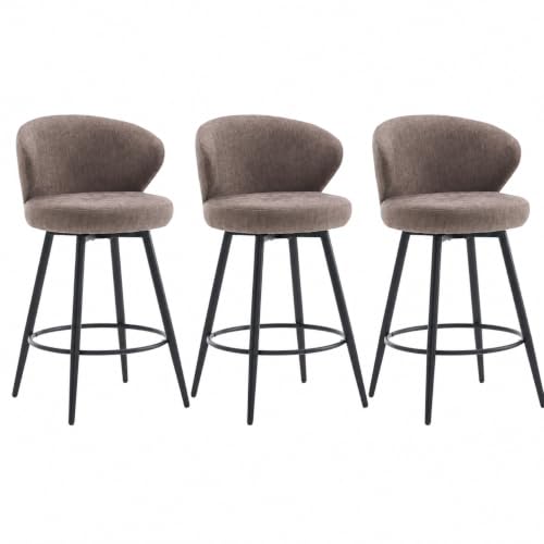 Image of 360 Swivel Modern Bar Stool Set of 3, 26 inch Upholstered Counter Height Bar Stools with Wingback, Soft Linen Fabric, Counter Chairs with Arm for Kitchen Island or Home Bar, Brown