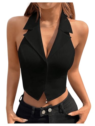SOLY HUX Women's Halter V Neck Vest Button Down Backless Crop Tank Tops Sleeveless Blazer Waistcoat