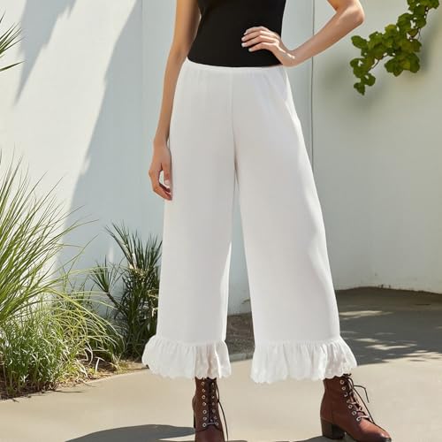 Women Summer Capri Palazzo Pants Elastic Waist Floral Eyelet Hollow Out Ruffle Hem Wide Leg Trousers Boho Loose Beach Pants3