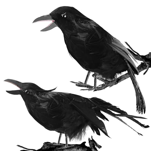 Crows Halloween Decorations Realistic Black Crows Fake Crow Decor Spooky Ravens Prop Lifelike Standing Crow Statue Black Feathered Birds Decor for Indoor Outdoor Yard Tree Garden Haunted House
