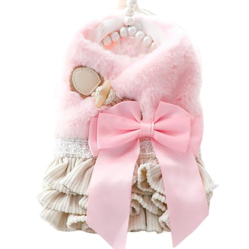 ICOUCHI ペット服 秋冬用 犬 服 ワンピース ドレス 可愛い 裏起毛 小型犬 中型犬 ドッグウェア 蝶結び付き ふわふわ お姫様 犬猫洋服 防寒 暖かい 人気 ファッション お正月 クリスマス お散歩お出かけ (XS,ピンク・蝶結び)