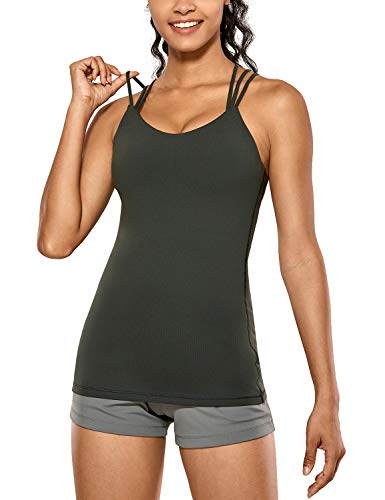 CRZ YOGA Women s Strappy Back Yoga Tank Tops Built in Shelf Bra Sports Camisole Long Workout Shirts Activewear Olive Grey Small
